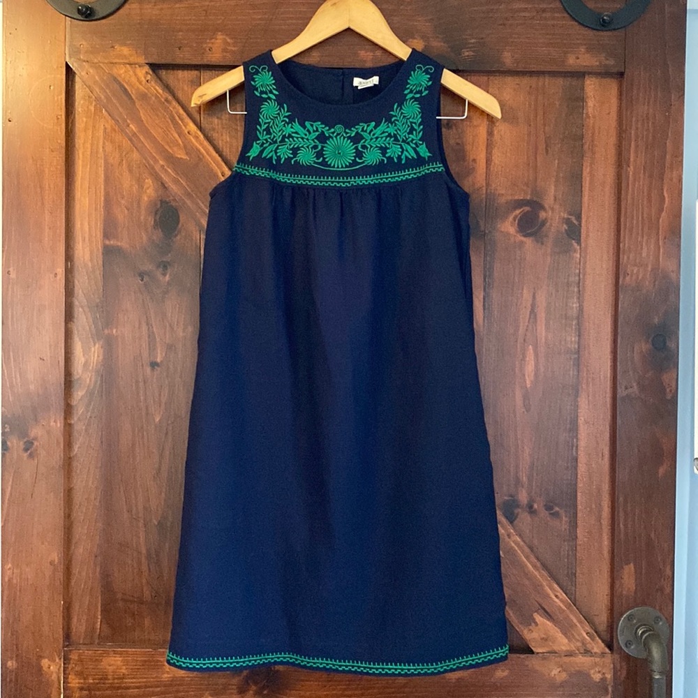 J. Crew navy blue babydoll dress with green embroidery